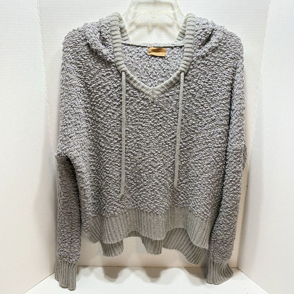 POL Women's Popcorn Chenille Hooded Sweater  Grey S Oversized Cabincore Cozy